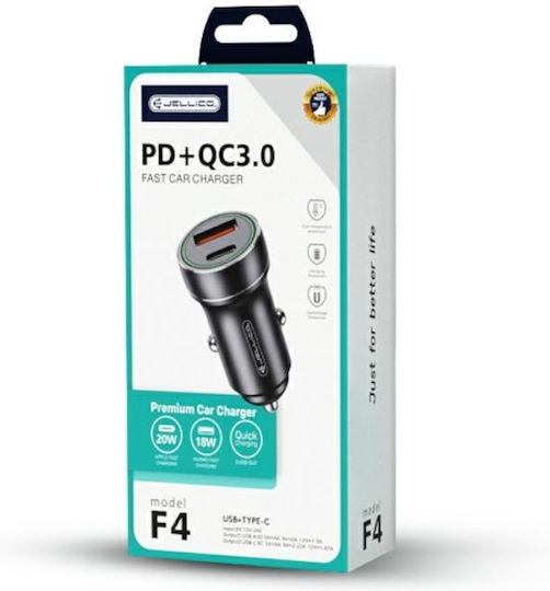 Jellico F4 Handy-Autoladegerät 18W 3A Schnellladen mit Anschlüssen: 1xUSB-A 1xType-C Schwarz Farbe