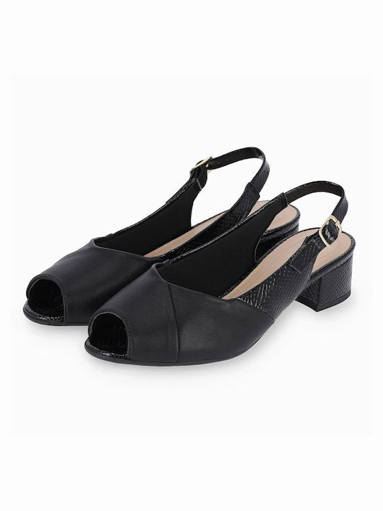 Piccadilly Anatomic Synthetic Leather Peep Toe Black Low Heels with Strap