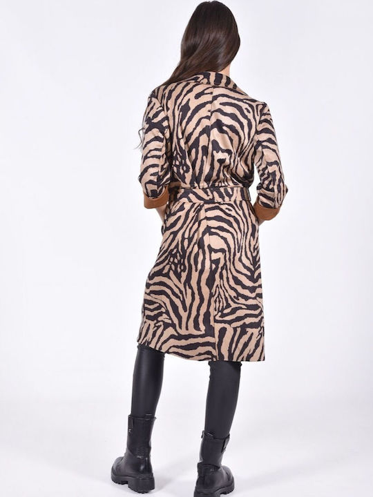 Enter Fashion Women's Leopard Midi Coat with Buttons Brown