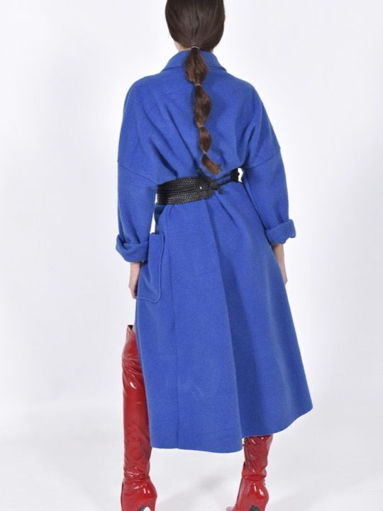 Enter Fashion Γυναικείο Μπλε Παλτό με Κουμπιά