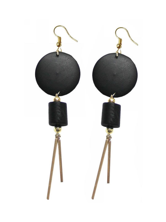 Handmade golden metallic earrings with double wooden motif black (tatu moyo) 3018-421M