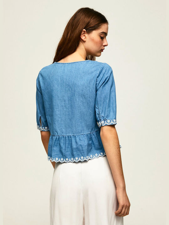 Pepe Jeans Damen Sommer Bluse Kurzärmelig mit V-Ausschnitt Blau