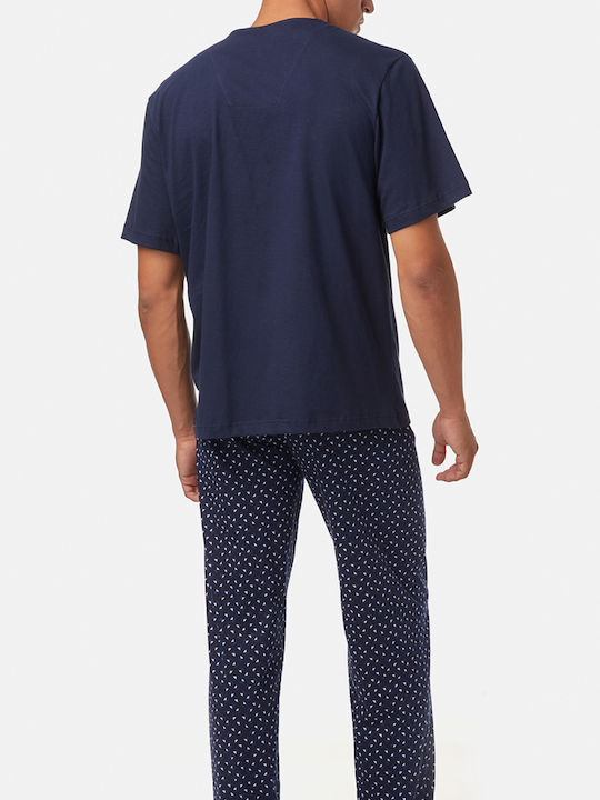 Minerva Men's Summer Cotton Pajamas Set Navy Blue