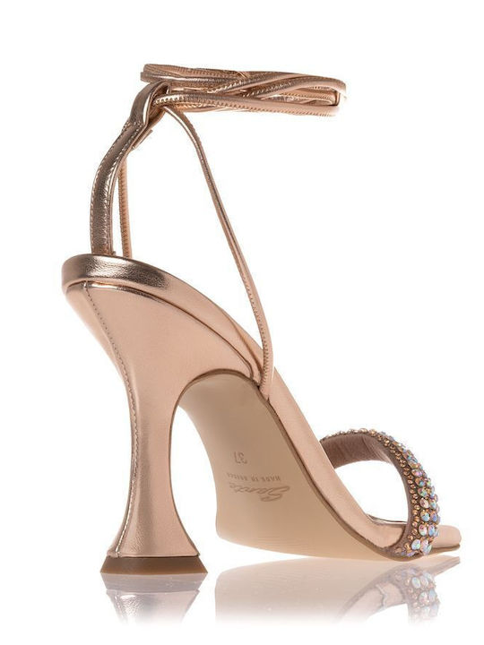 Sandale Elegante Damă Din Piele Cu Strasuri Roz Auriu