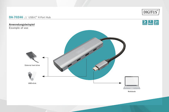 Digitus 4-Port USB 3.1 Hub with USB-C Connection Gray