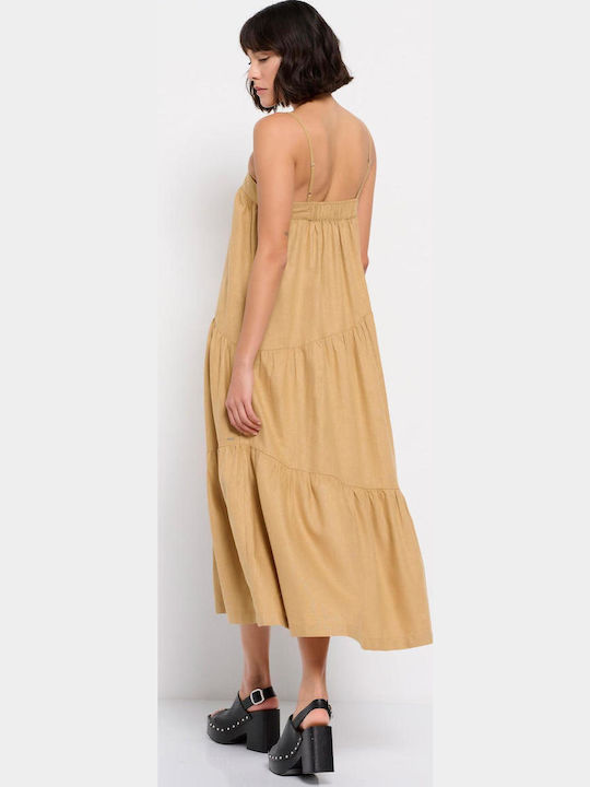 FBL007-13213 Summer Midi Dress with Ruffle Beige