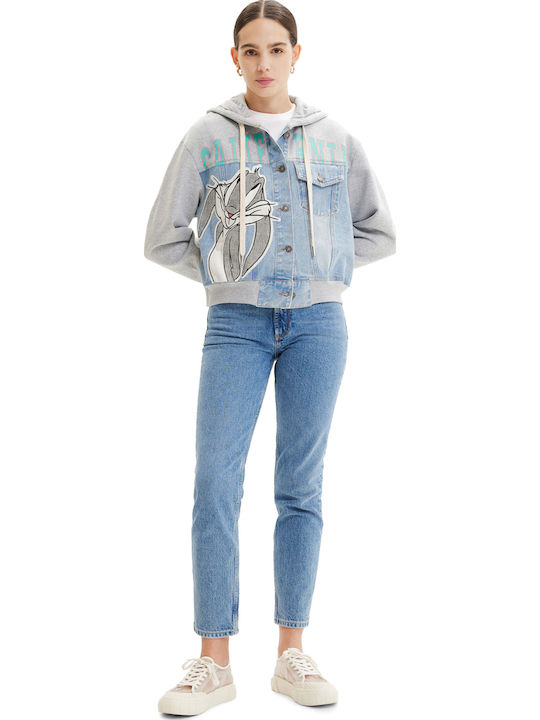 Bunny Trucker Women's Jean Jacket for Spring or Autumn with Hood Gray