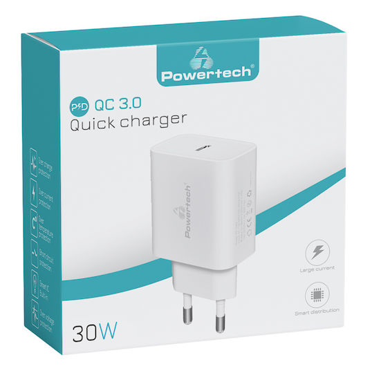 Powertech Φορτιστής Χωρίς Καλώδιο με Θύρα USB-C 30W Power Delivery / Quick Charge 3.0 Λευκός (PT-1043)
