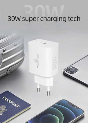 Powertech Charger Without Cable with USB-A Port and USB-C Port 30W Power Delivery / Quick Charge 3.0 White (PT-1044)