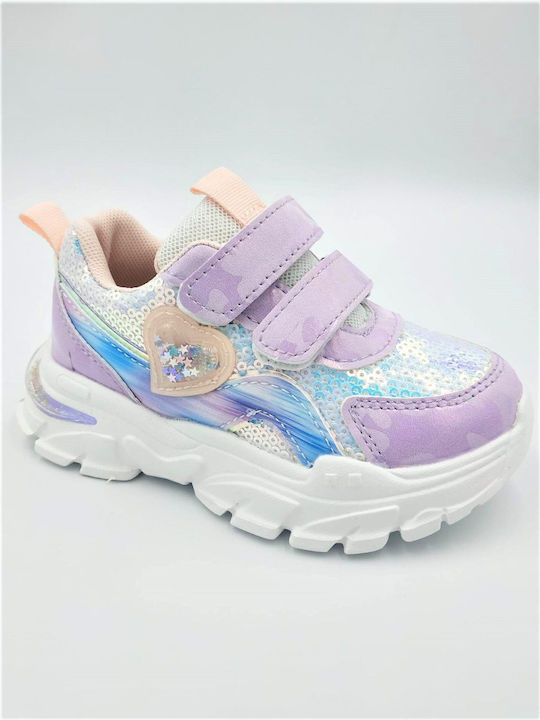 Kids Sports Sneaker with Sequins and 3D Heart with Stars Purple