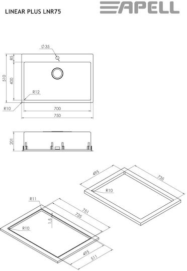 Apell Linear Plus Ένθετος Νεροχύτης Inox Σατινέ Μ75xΠ51cm Ασημί