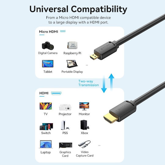 Vention HDMI 2.0 Premium High Speed 4K 60Hz HDR Cable Micro HDMI Male - HDMI Male 1m Black
