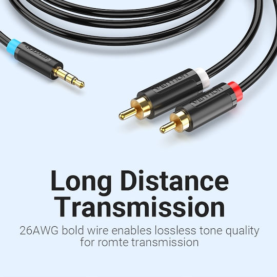 Vention Vention 3.5mm Jack Cable - 2x RCA Male Black 8m with Gold Plated Terminals