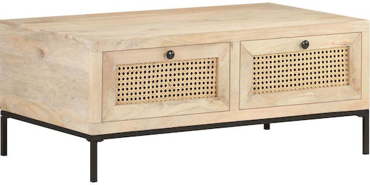 Rectangular Central Coffee Table Made of Solid Wood with Beige Drawers W90xD50xH37cm