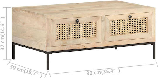 Rectangular Central Coffee Table Made of Solid Wood with Beige Drawers W90xD50xH37cm
