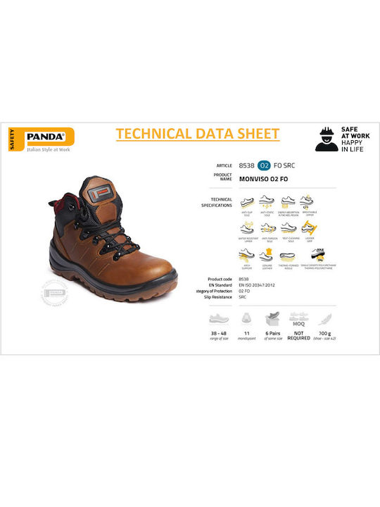 Panda Safety Monviso Αδιάβροχο Μποτάκι Εργασίας Καφέ O2 με Πιστοποίηση E,SRC