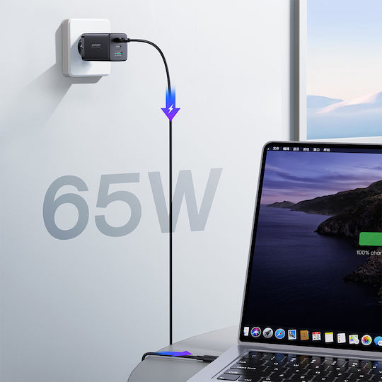 Joyroom Φορτιστής GaN με Θύρα USB-A και 2 Θύρες USB-C και Καλώδιο USB-C - USB-C 65W Power Delivery Μαύρος (TCG01)
