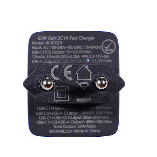 Joyroom Φορτιστής GaN με Θύρα USB-A και 2 Θύρες USB-C και Καλώδιο USB-C - USB-C 65W Power Delivery Μαύρος (TCG01)