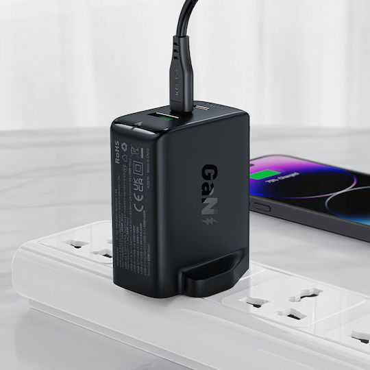Acefast Φορτιστής Χωρίς Καλώδιο GaN με Θύρα USB-A και 2 Θύρες USB-C 65W Power Delivery Μαύρος (A44 UK Plug)