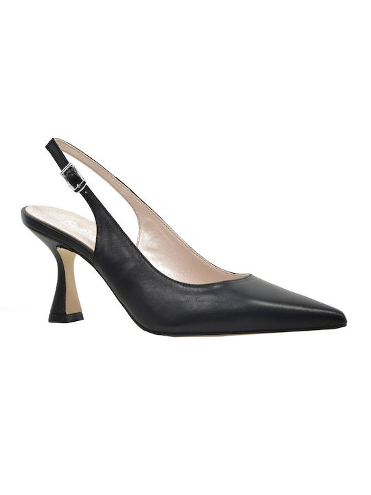 Fardoulis Leather Pointed Toe Black Heels with Strap