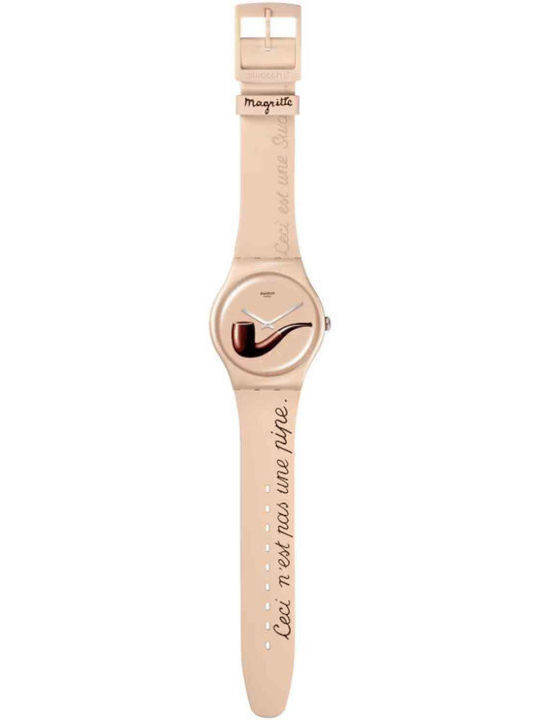 Swatch La Trahison Des Images By Rene Magritte Γυναικείο Ρολόι 41mm Μπαταρίας με Ροζ Χρυσό Καουτσούκ Λουράκι