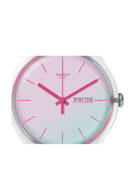 Swatch Polawhite Γυναικείο Ρολόι 41mm Μπαταρίας με Ροζ Καουτσούκ Λουράκι