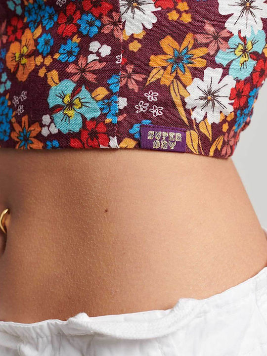 Vintage Γυναικείο Καλοκαιρινό Crop Top Λινό Αμάνικο με Δέσιμο στο Λαιμό Floral Πολύχρωμο