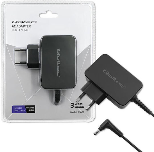Qoltec Laptop Charger 65W 20V 3.25A for Lenovo with Power Cord