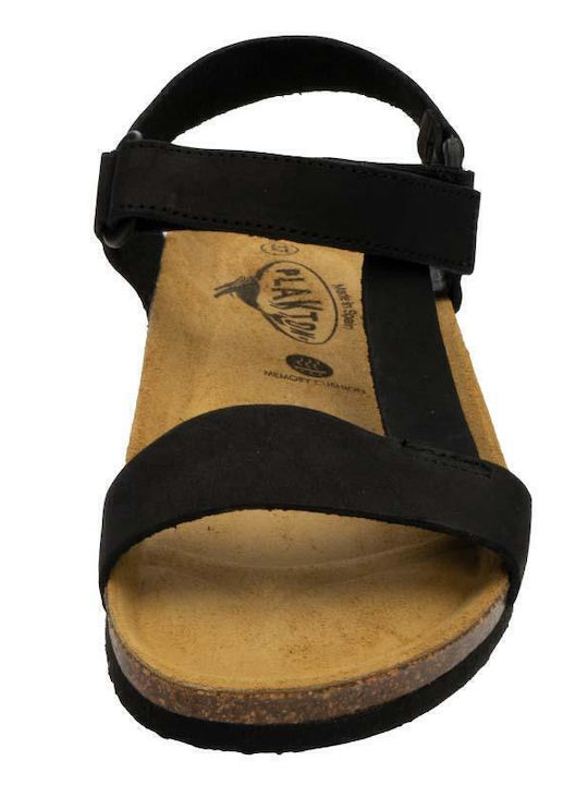 Leather Women's Flat Sandals with Strap in Black Color