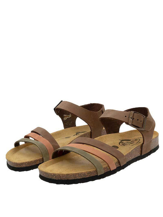 Leather Women's Sandals with Ankle Strap Khaki/Brown/Pink