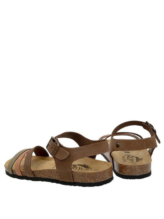 Leather Women's Sandals with Ankle Strap Khaki/Brown/Pink