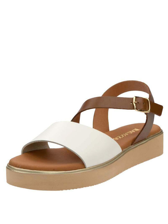 Ragazza Leather Women's Flat Sandals with Strap Tabac/White