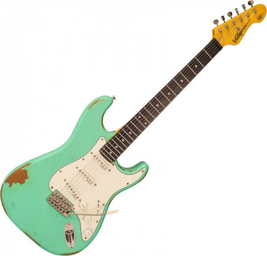 Vintage V6 Icon Electric Guitar Stratocaster with SSS Pickup Configuration Distressed Ventura Green