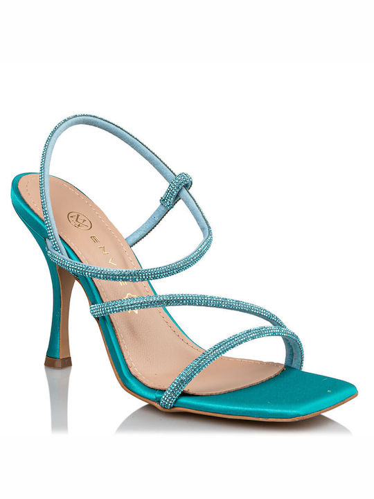 Envie Shoes Fabric Women's Sandals with Ankle Strap Turquoise with Thin High Heel