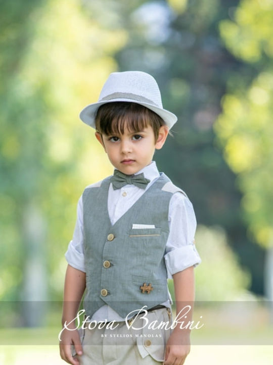 Stova Bambini Costum de Botez cu Vestă pentru Băiat Kaki 7buc