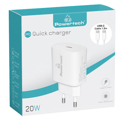 Powertech Încărcător cu Port USB-C și Cablu USB-C 20W Livrarea energiei Albς (PT-1039)