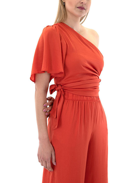 Damen Sommer Crop Top Satin mit einem Schulter Orange