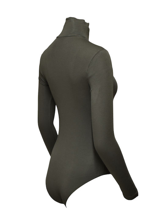 Lingerie Long Sleeve Turtleneck Bodysuit Khaki