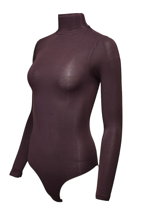 Lingerie Long Sleeve Turtleneck Bodysuit Brown