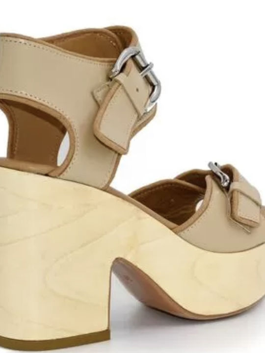 Favela Platform Leather Women's Sandals Beige with Chunky High Heel