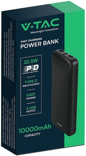 V-TAC Power Bank 10000mAh 22.5W με Θύρα USB-A και Θύρα USB-C Μαύρο