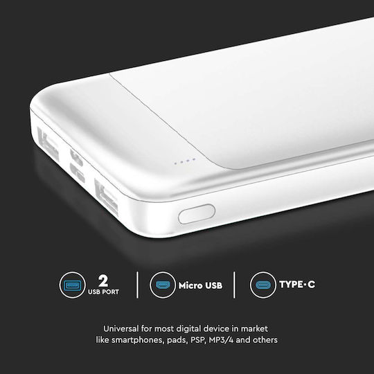 V-TAC Power Bank 10000mAh με Θύρα USB-A και Θύρα USB-C Λευκό