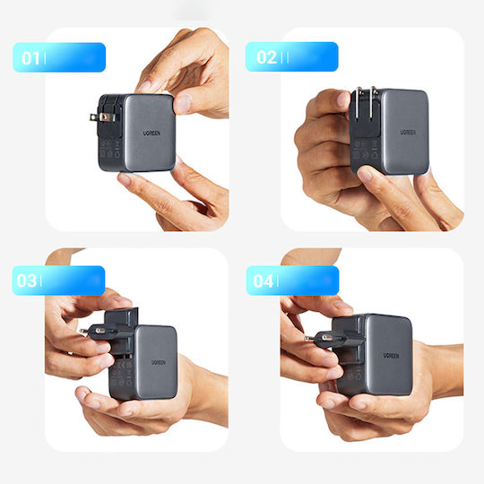 Ugreen Charger Without Cable GaN with USB-A Port and 2 USB-C Ports 65W Gray (Worldwide Travel)