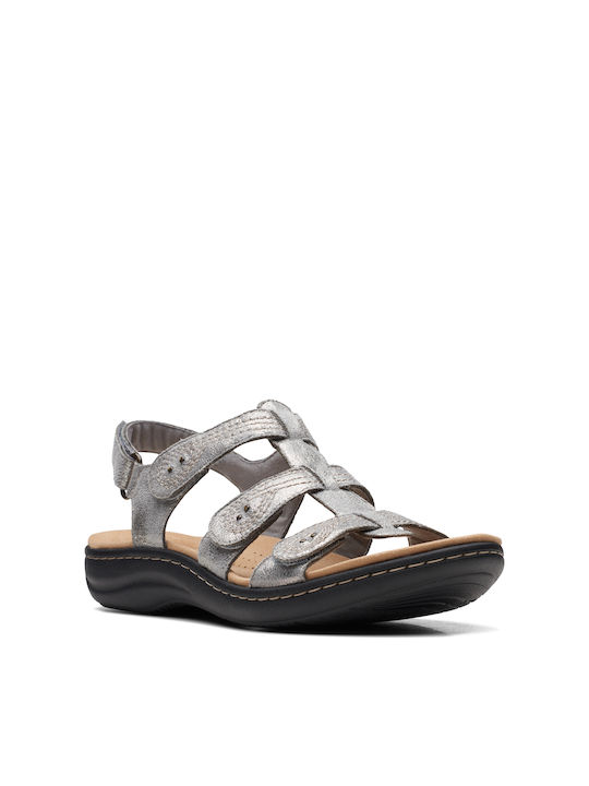 Clarks Laurienne Vine Leather Women's Flat Sandals with Strap Pewter Metallic