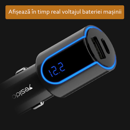 Yesido Y32 Car Charger 18W 3A With Ports 1xUSB-A 1xType-C Black Colour