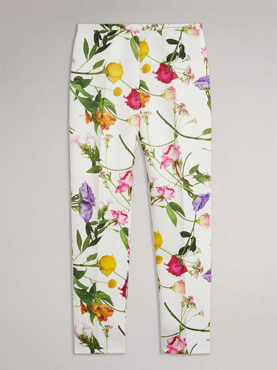 Women's Fabric Trousers Straight Line Floral White