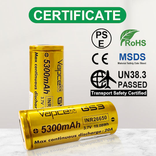 Vapcell Rechargable Battery 26650 Li-ion 5300mAh 3.7V 1pcs