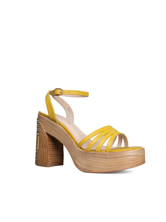 Favela Platform Leather Women's Sandals with Ankle Strap Yellow with Chunky High Heel