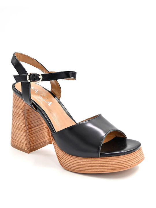 Favela Platform Leather Women's Sandals Black with Chunky Medium Heel