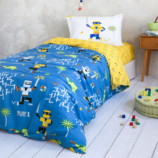 Nima Atari Set Kids Duvet Cover Single with Pillowcase Cotton Blue/Yellow 160x240cm